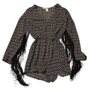 H & M Coachella Boho Festival Black & White Romper Long Sleeves w/Fringe Size 4